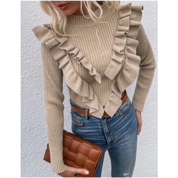 Ruffle Detail Fitted Knit Sweater Top